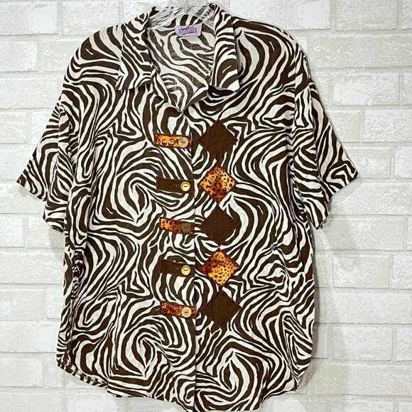 Vtg Zebra Safari Button Shirt Women Large Lagenlook Lightweight Artsy Eclectic - Picture 5 of 11